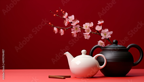 Hot tea in a red teapot with flowers generated by AI