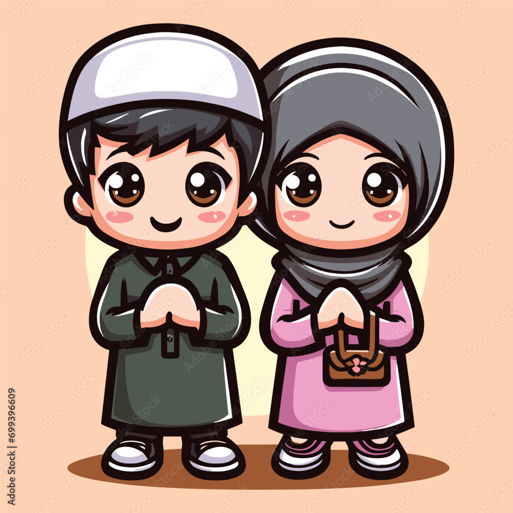 Fototapeta premium Free vector cute couple celebrate ramadhan day cartoon vector flat isolated illustration