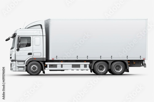 Side view of a white delivery truck trailer on a transparent background. Generative AI