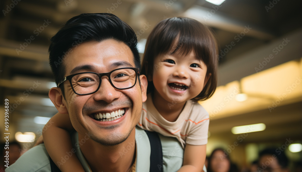 Smiling family, one child, father, happiness, love generated by AI Smiling family, one child, father, happiness, love generated by AI
