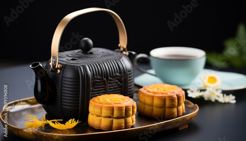 Fresh tea, dessert, and fruit on wooden table generated by AI