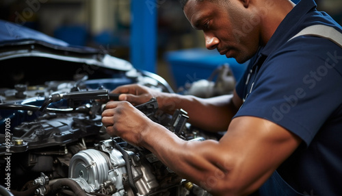Young adult mechanic repairing car engine with expertise generated by AI