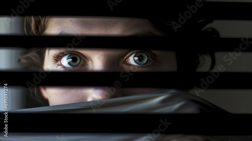 Terrified young woman's eyes looking through windows blinds