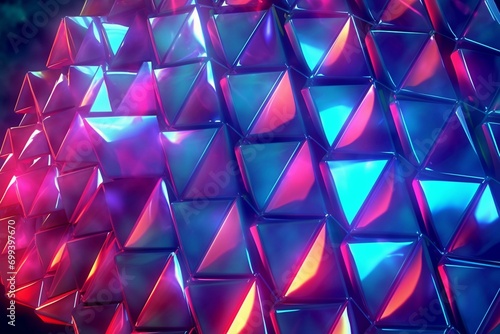 Bright, glowing 3D surface featuring triangular pyramids. Futuristic, neon 3D banner. Generative AI