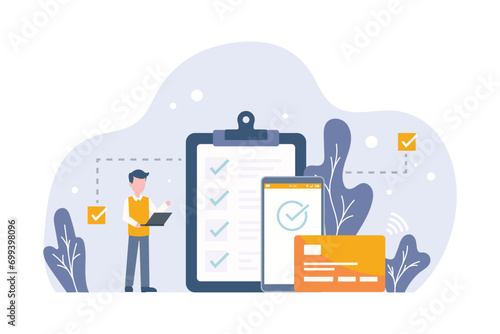 Vector illustration of businessman filling out tax forms and financial reports, online payment with credit and debit cards