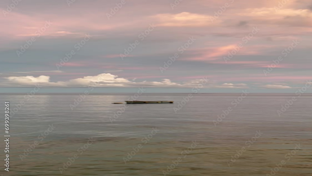 Scenic view of seascape against sky. Distant boats moored on ocean during sunset. Concept of beautiful nature. Vertical video Scenic view of seascape against sky. Distant boats moored on ocean during sunset. Concept of beautiful nature. Vertical video