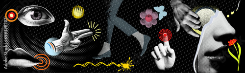 Collage vector illustration grunge banner. dotted punk halftones collage elements like lips, eyes, nose, mouth, lips, and finger touch doodle elements on retro poster design