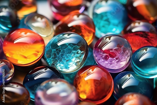 Beautiful background with multi-colored glass spheres and polished stones