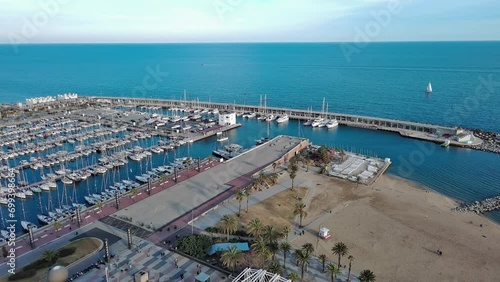 Aerial view of Barcelona Olympic Port and Mapfre Tower, Boats parked photo