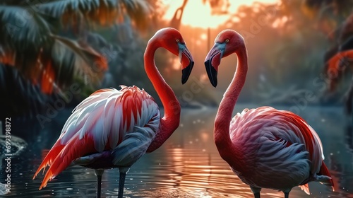 Two pink flamingos. Generative AI.