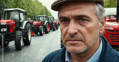 a farmer protests and demonstrates against something, tractors block the streets in a big city, fictional location, angry and angry and disappointed and hopeless