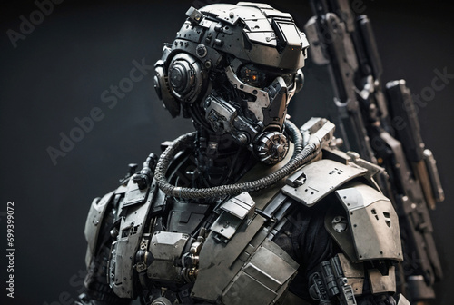 front view of a human in a combat suit or a humanoid android robot with artificial intelligence, war combat robot
