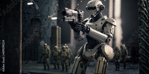 An armed robot with a gun, ...