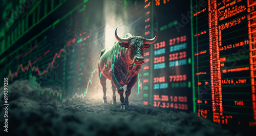 bull market, a green bull powerfully runs through a narrow street, high concentration as a strong will in the eyes of the bull, concept of business and stock market photo