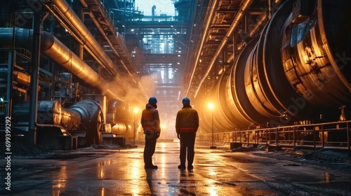 Two Heavy Industry Engineers Stand in Pipe Manufacturing Factory, Use Digital Tablet Computer, Construction of Oil, Gas and Fuels Transport Pipeline. Generative AI.