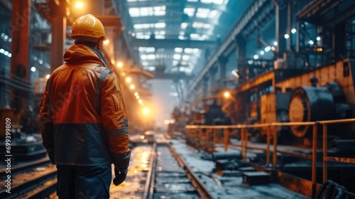 Professional Heavy Industry Engineer Wearing Safety Uniform and Hard Hat Working in a Metal Manufacture Warehouse. Generative AI.