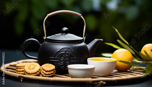 Teapot, tea, hot drink, drink, close up, table, wood, material generated by AI