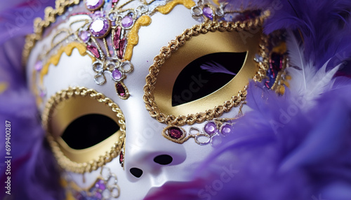 Feathered mask hides elegance in Italian Mardi Gras generated by AI