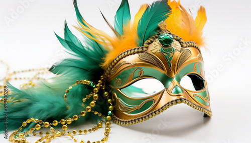 Feathered costume, gold mask, Mardi Gras celebration, elegance and mystery generated by AI