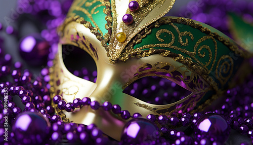 Purple costume, Mardi Gras celebration, mystery, traveling carnival generated by AI