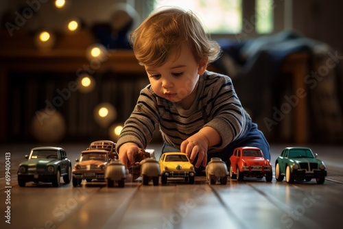 young caucasian baby boy plays with colorful toy cars indoors. little boy plays with toy car at home