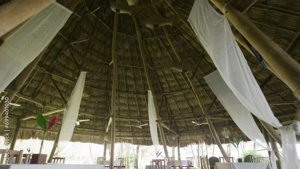 Interior of large straw and wooden hut - low, wide shot Interior of large straw and wooden hut - low, wide shot