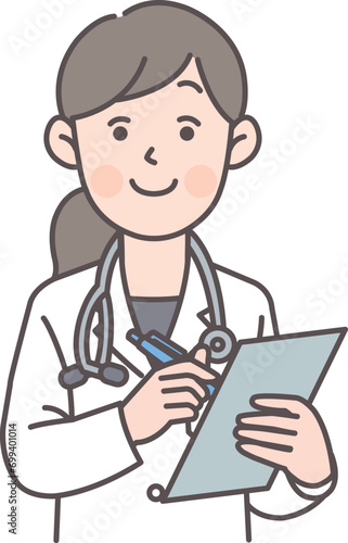 カルテを書く女医さんの上半身イラスト