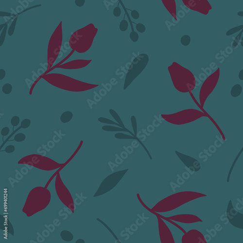 Simple tulips seamless pattern. Monochromatic leaves and red flowers on blue background. Floral silhouettes and leaves scattered