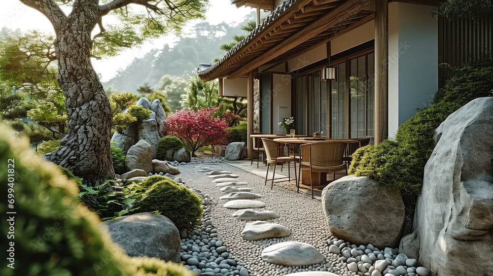 A Japanese garden at modern home. Generative AI.