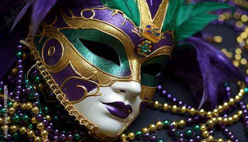 Mardi Gras celebration, mask, costume, elegance, glamour, tradition generated by AI