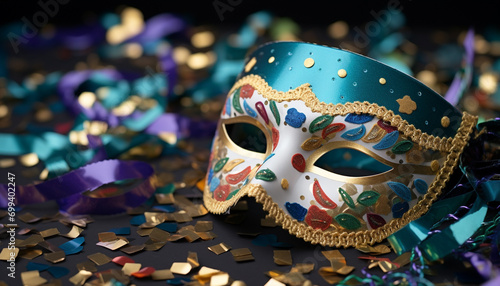 Colorful confetti and masks create a festive celebration generated by AI