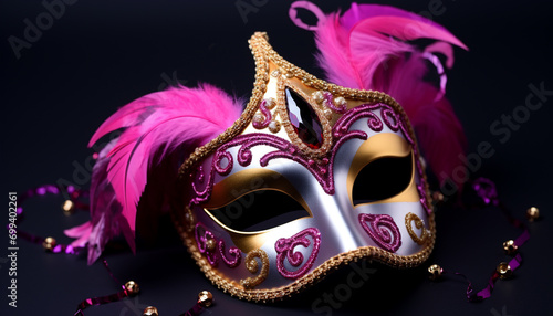 Mardi Gras celebration, costume, mask, feather, gold generated by AI
