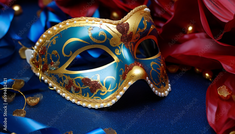 Colorful masks and confetti create a festive celebration generated by AI