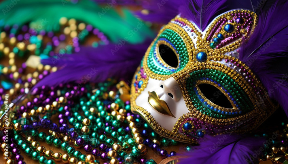 Mardi Gras costume, mask disguise, vibrant celebration generated by AI