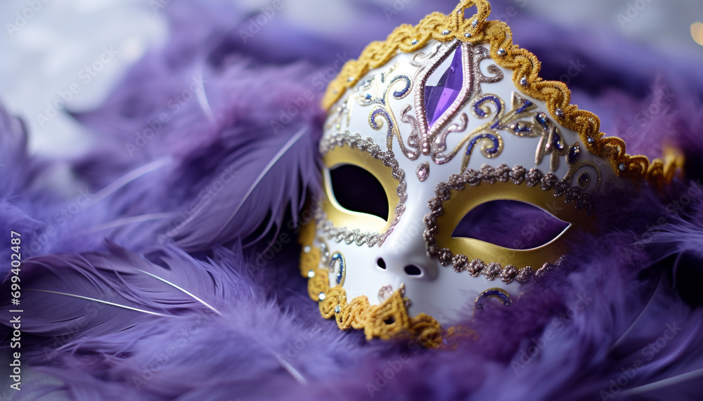 Mardi Gras mask, gold, elegance, celebration, mystery generated by AI