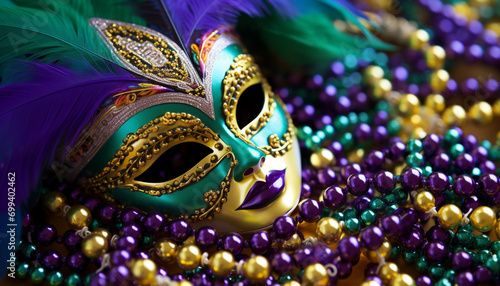 Mardi Gras costume, feather decoration, purple and gold generated by AI
