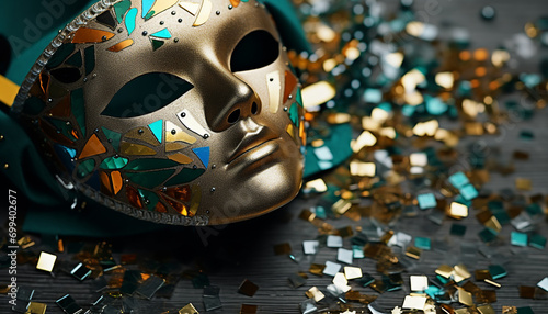Shiny costume, glittering mask, elegance at celebration generated by AI