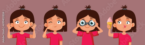 Vector Girl Depicting See, Hear, Smell, taste and Touch Senses. Cheerful little child depicting the five senses in different ways
