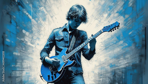 A young boy playing the electric guitar on a grunge background. Digital painting.