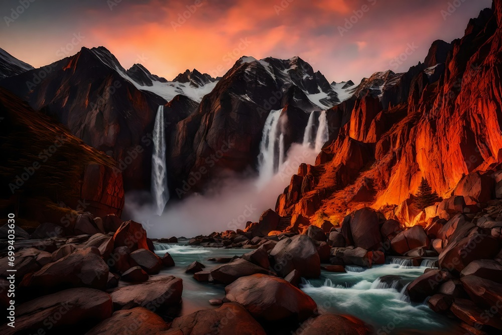 Majestic mountains standing tall against a fiery sunset sky, with a cascading waterfall flowing down their rocky slopes