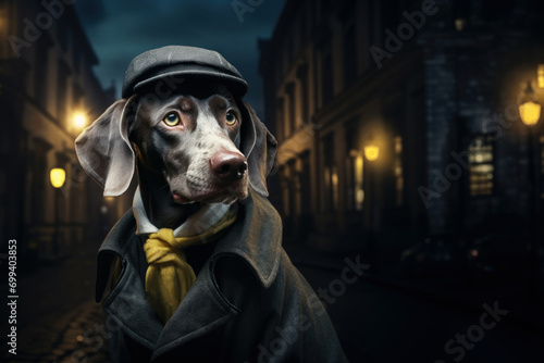 Smart weimaraner dog detective in a raincoat and cap in old city 1860 at night. Animal in clothers