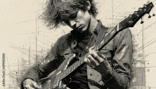 A young boy playing the electric guitar on a grunge background. Digital painting.