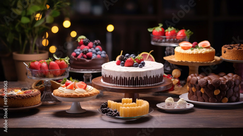 Table with cake, pie, cupcakes, tarts and cakepops. Copy space. Generative AI © Fuji