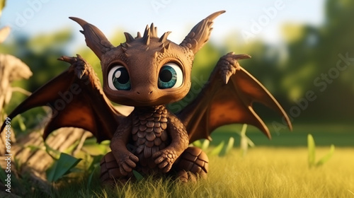 Super cute brown little baby dragon with big eyes and wings. Generative AI © Fuji