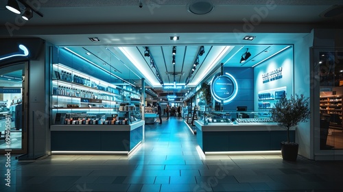 A blue front of the retail store. Generative AI. photo