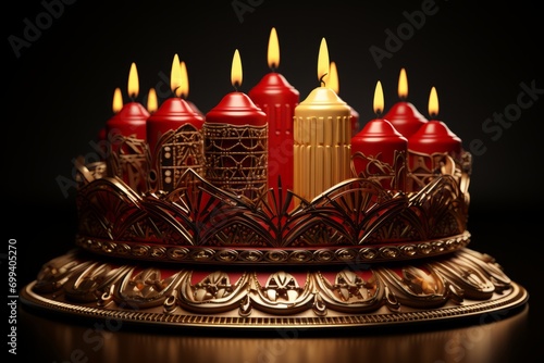 Bright Kwanzaa Kinara with Candles, on an isolated Black and Red background, Generative AI