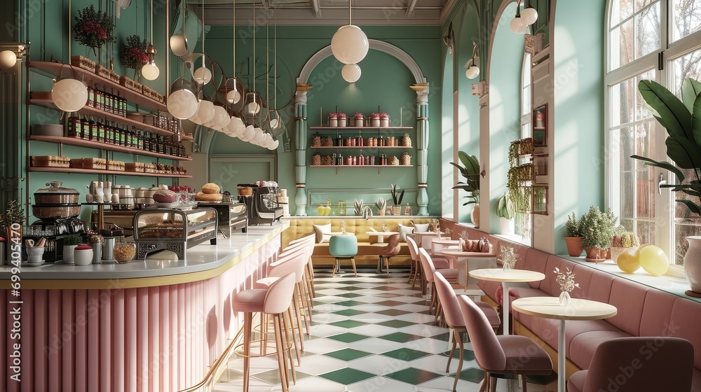 A dessert bar with pastel walls and a bakery, Modern style. Generative AI.