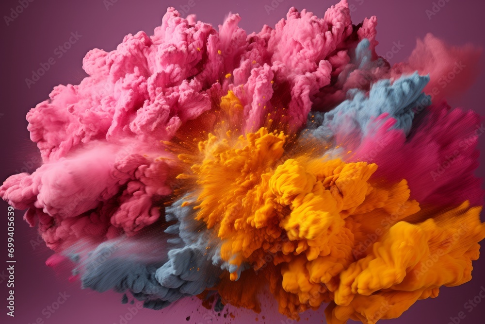 Colorful Holi Powder Pile, on an isolated Pink and Yellow background, Generative AI