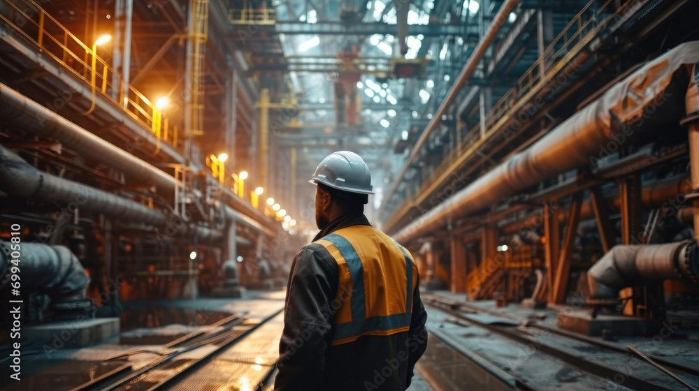 Male engineer overseeing the assembly of a massive industrial structure. Generative AI. Male engineer overseeing the assembly of a massive industrial structure. Generative AI.