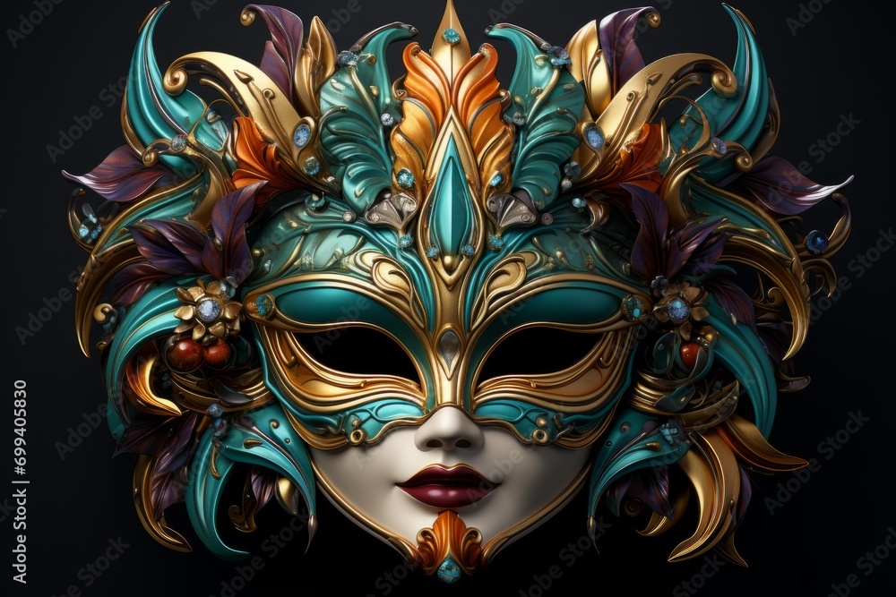 Colorful Mardi Gras Mask, on an isolated Purple, Green, and Gold background, Generative AI